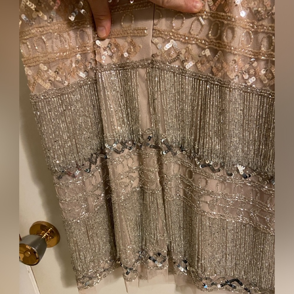 Adrianna Papell Beaded Fringe Cocktail Dress, blush/beige color, sleeveless, sz8 - Picture 7 of 14